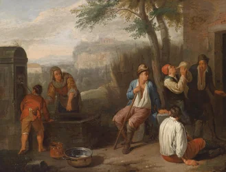 Südliche Landschaft mit an einem Brunnen trinkenden Landleuten